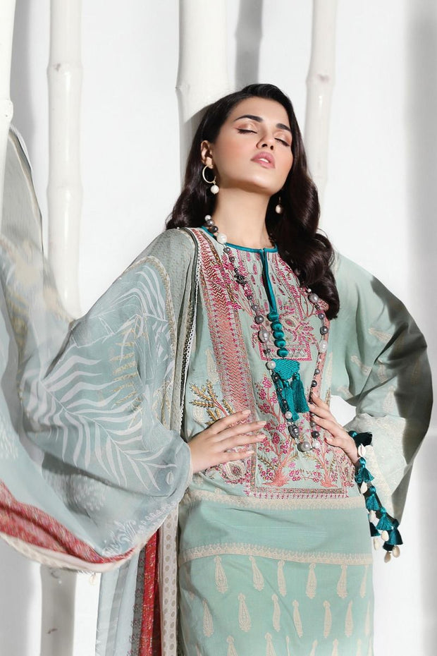 Pakistani embroidered slub dress for casual wear in mint green color # P2397