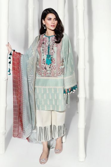 Pakistani embroidered slub dress for casual wear in mint green color 