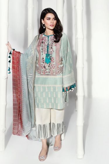 Pakistani embroidered slub dress for casual wear in mint green color 