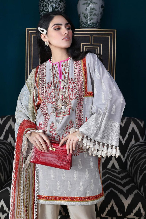 Pakistani designer slub outfit for casual wear in cloud grey color # P2398