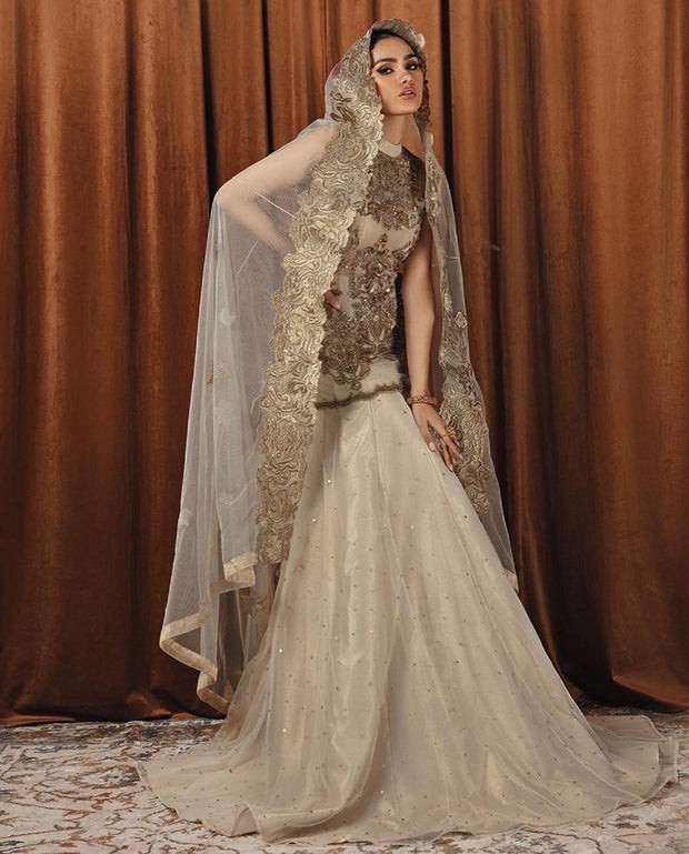 Stylish Pakistani Bridal Dress in Shirt and Lehenga Style