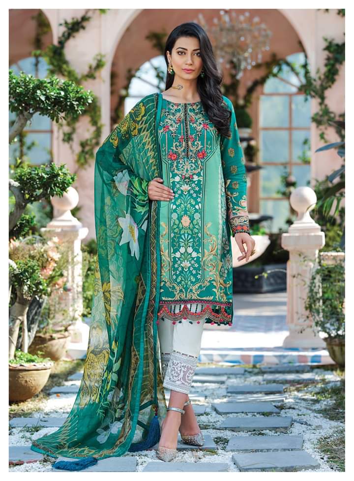 Stylish Designer Lawn Dress in Emerald Green Clear Look