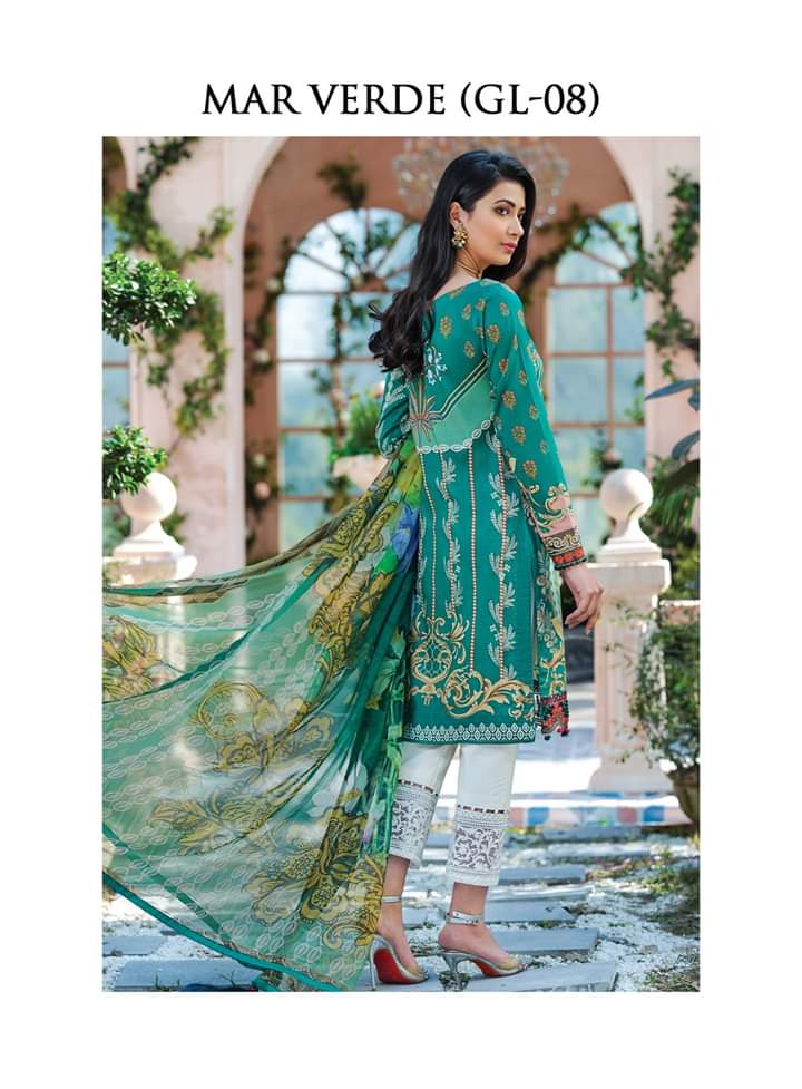 Stylish Designer Lawn Dress in Emerald Green Backside