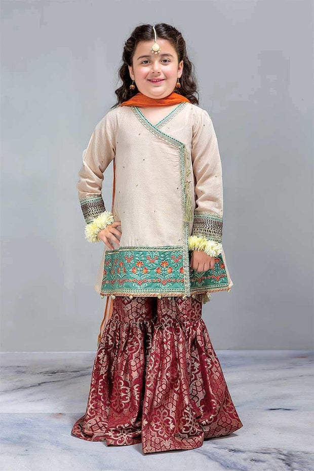 Stylish Skin Gold Angrakha with Gharara Designer Dress for Kids 