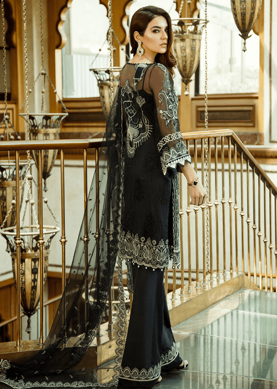Thread embroidered black dress with silk trouser in USA – Nameera by Farooq