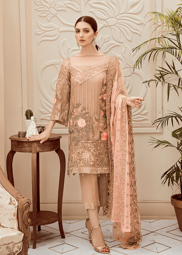Pakistani thread embroidered dress in elegant skin color # P2281