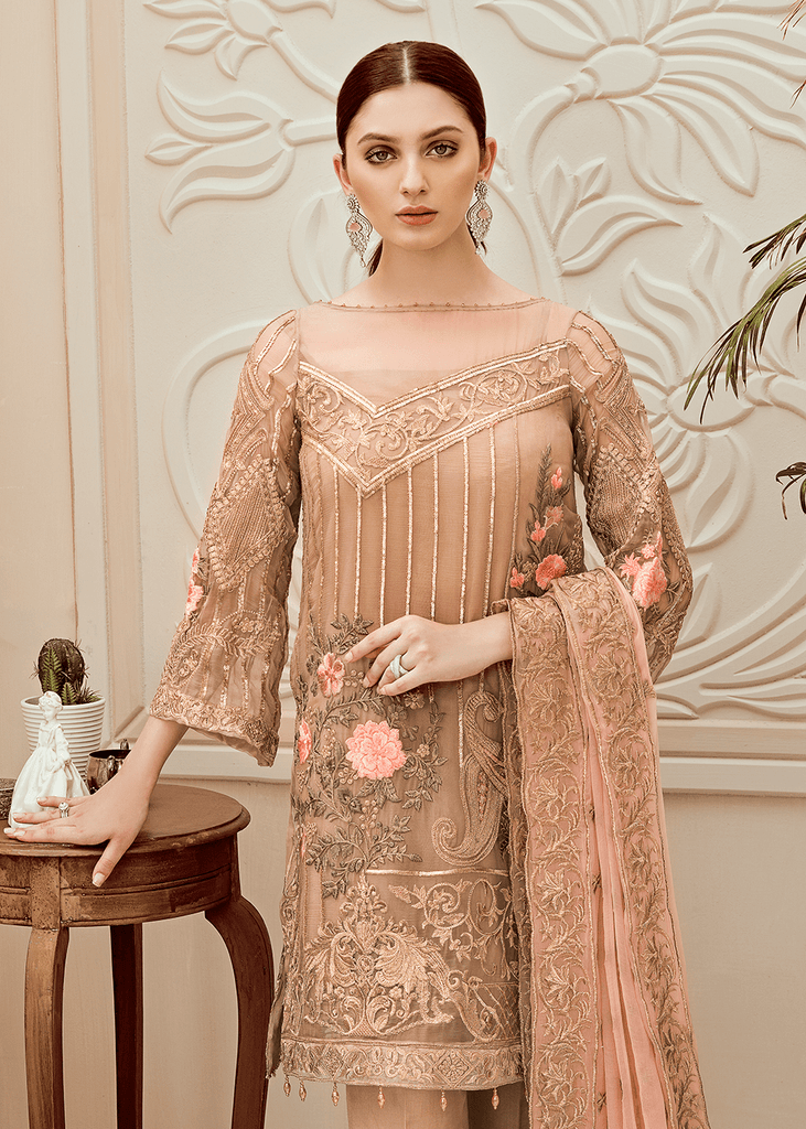 Pakistani thread embroidered dress in elegant skin color P2281