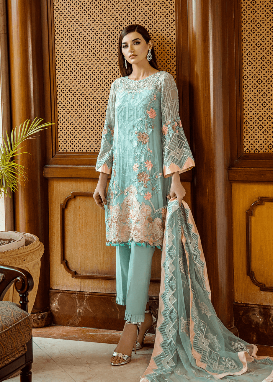 Thread embroidered dress in aqua blue color for party Nameera by Farooq