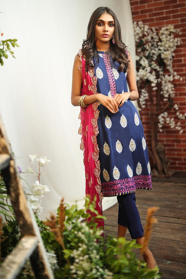 Pakistani thread embroidered dress in lavish blue color