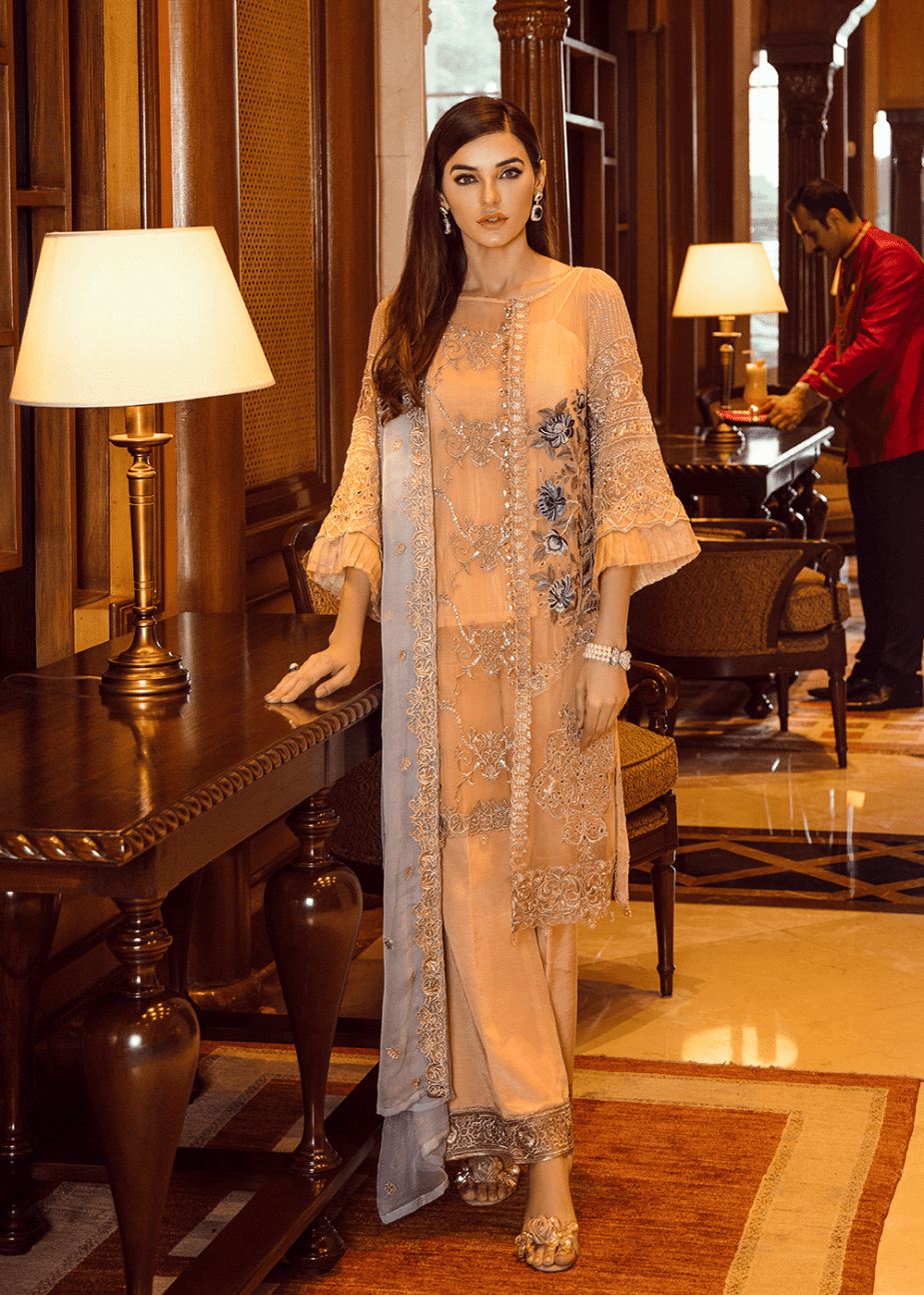Pakistani thread embroidered outfit in dark peach color 