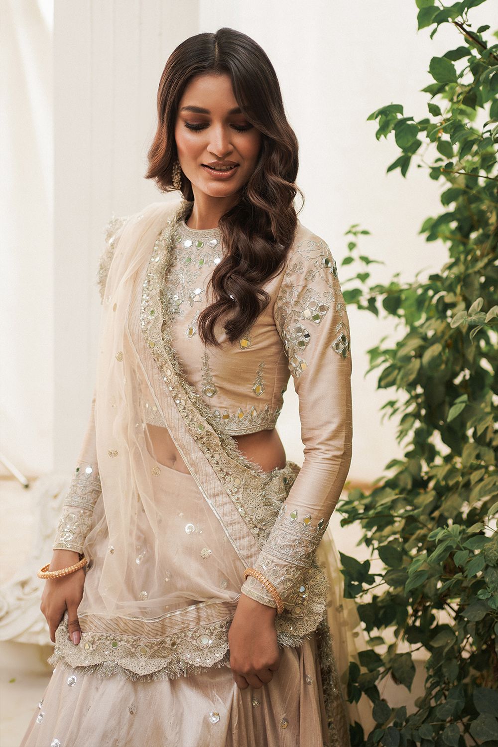 Beige Pakistani Bridal Lehenga Choli Dupatta Set for Weddings