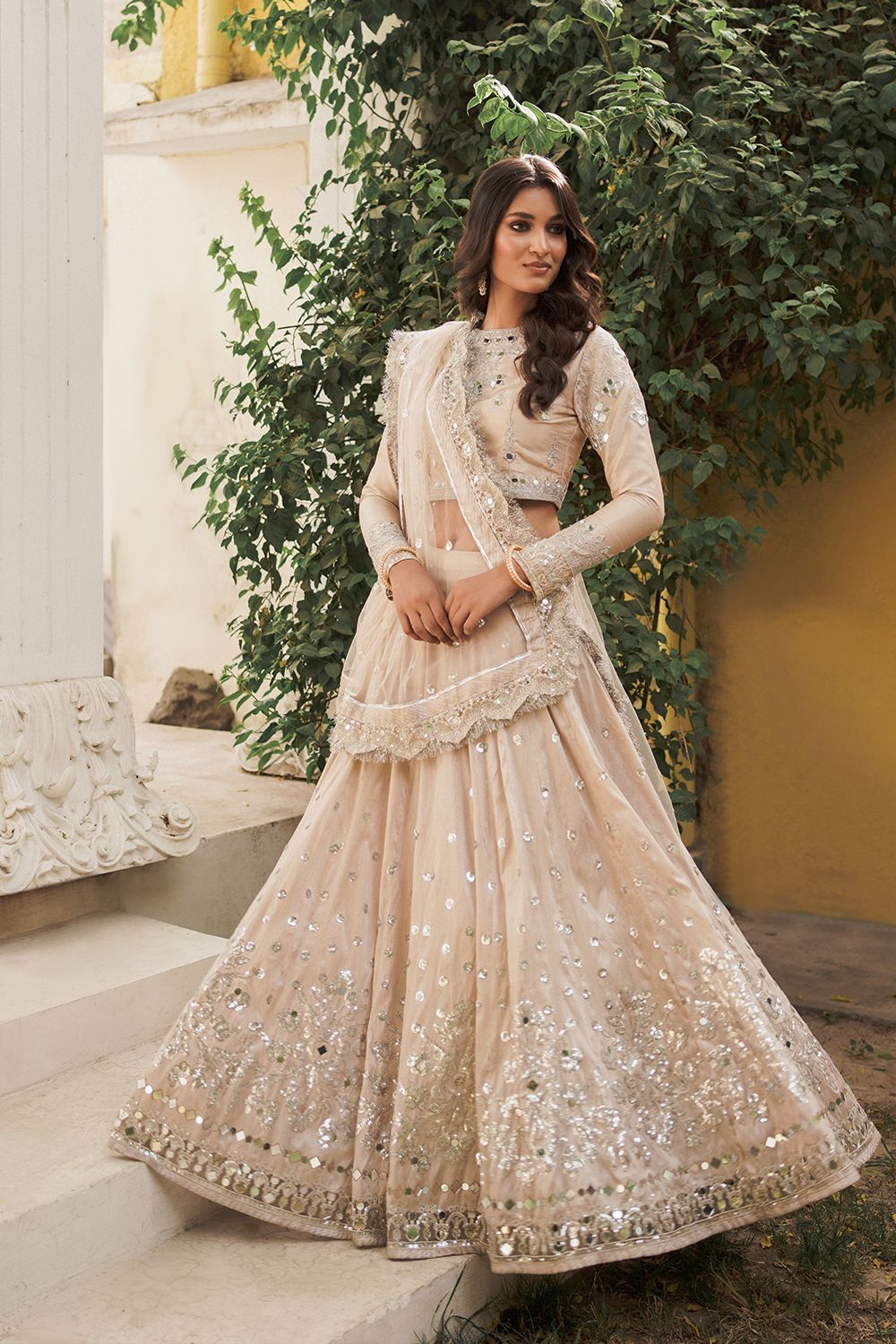 Beige Pakistani Bridal Lehenga Choli Dupatta Set for Weddings