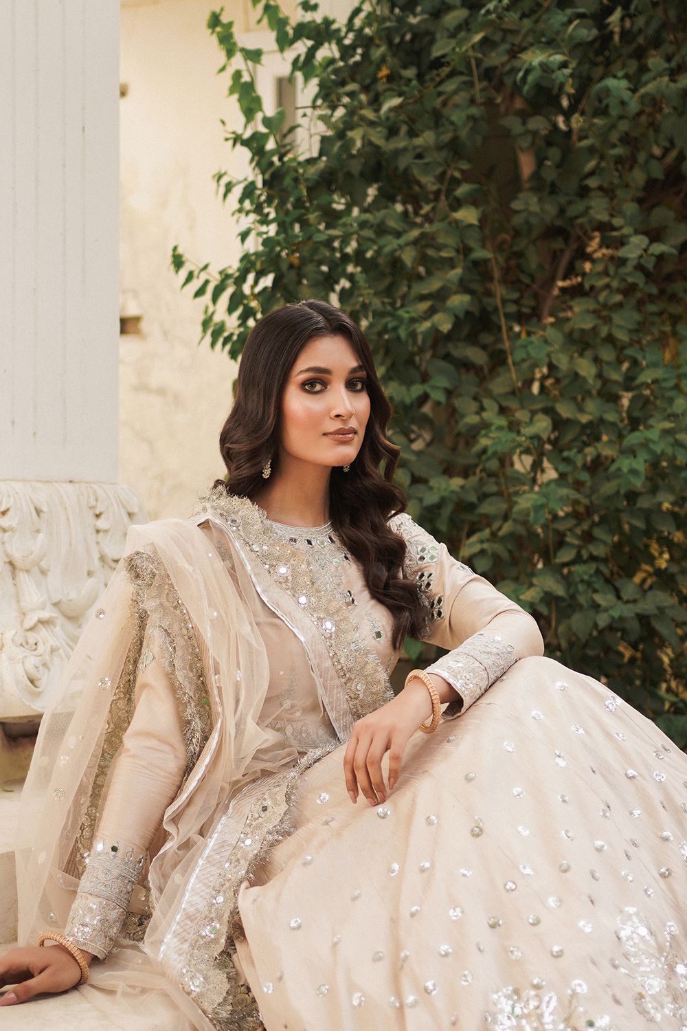 Beige Pakistani Bridal Lehenga Choli Dupatta Set for Weddings