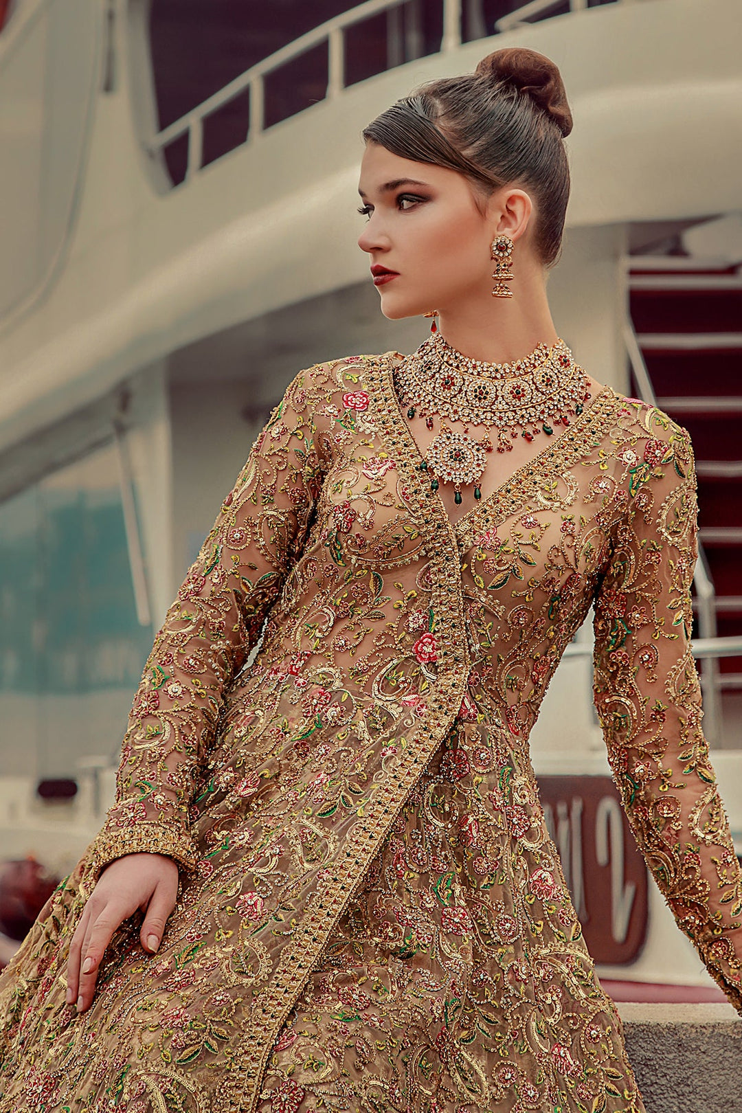 Traditional Bridal Angrakha Style Frock with Lehenga Dress