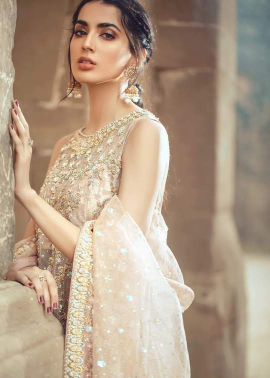 Traditional Bridal Frock Lehnga Outfit in Ivory Color Close Up