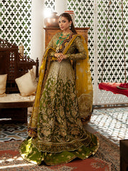 Traditional Bridal Mehndi Dress in Pishwas Frock and Lehenga Style