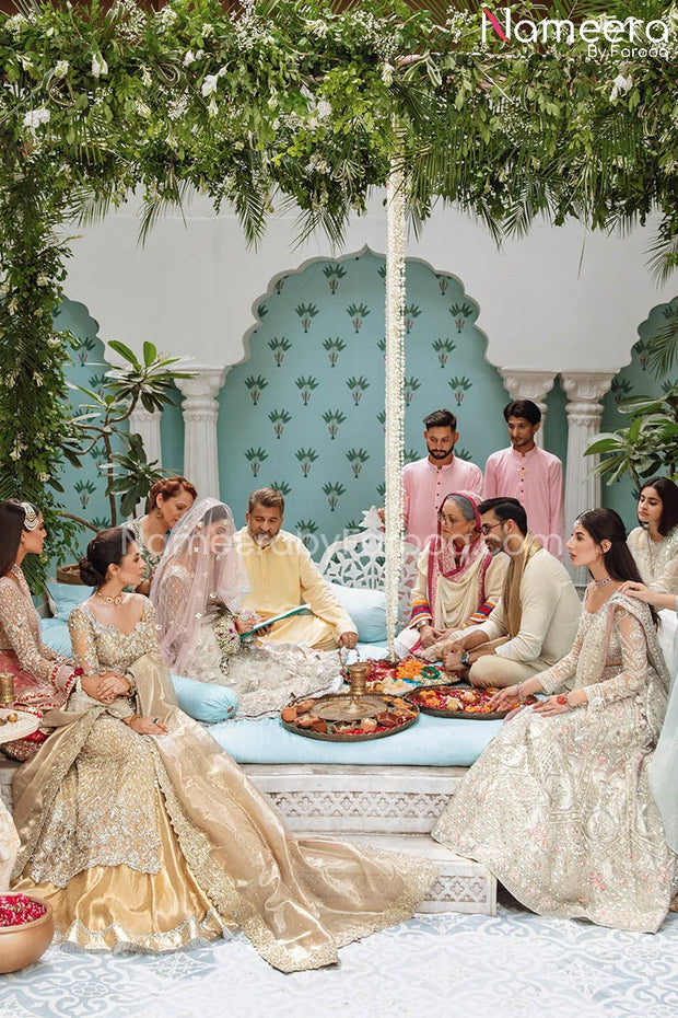 Traditional Bridal Sharara with Short Shirt Dress in Tissue