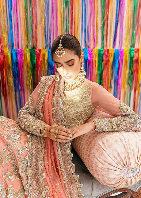 Traditional Coral Lehenga Choli Dupatta Pakistani Bridal Dress