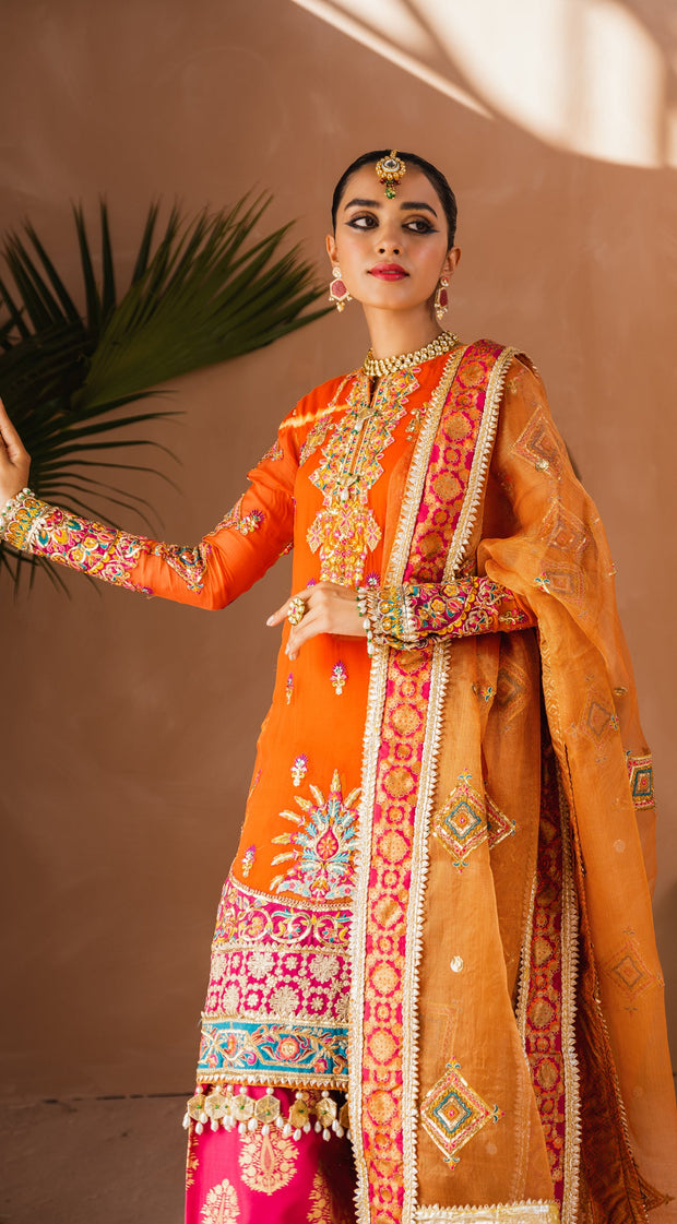 Orange and pink pakistani dress sales