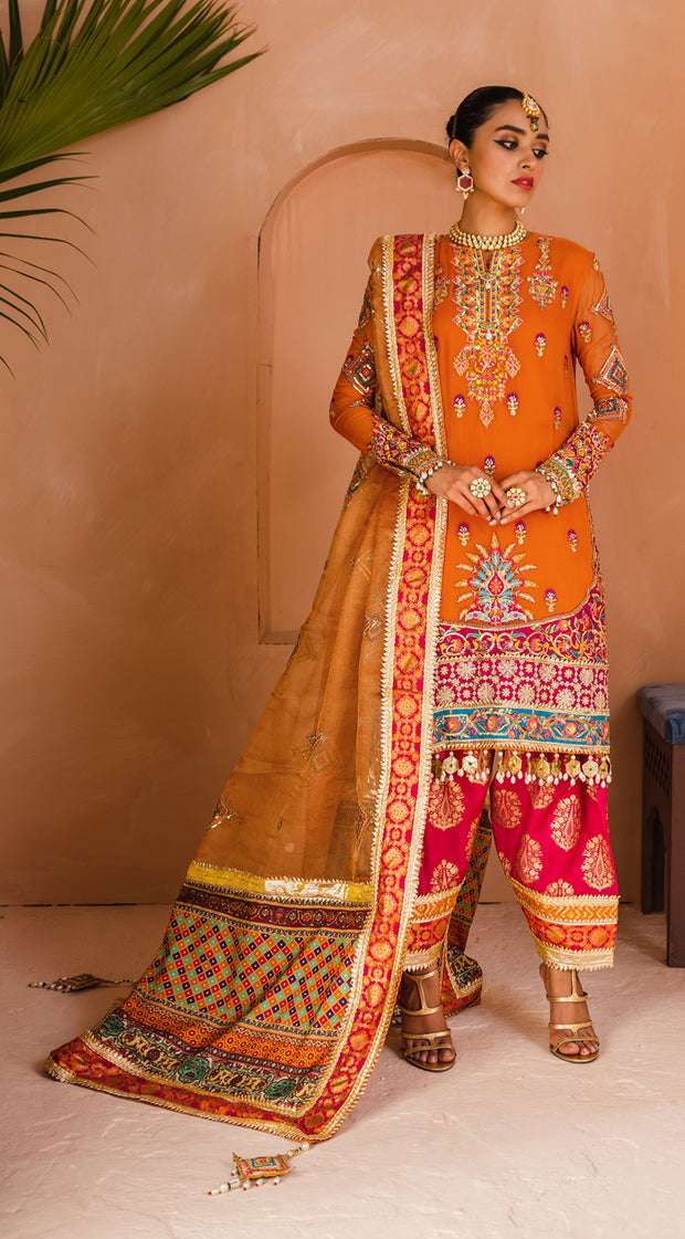 Traditional Dress Pakistani in Orange Shade Online