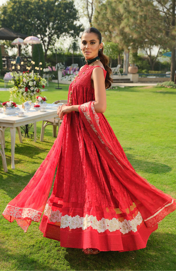 Traditional Frock Trouser Pakistani Eid Dress in Red Color