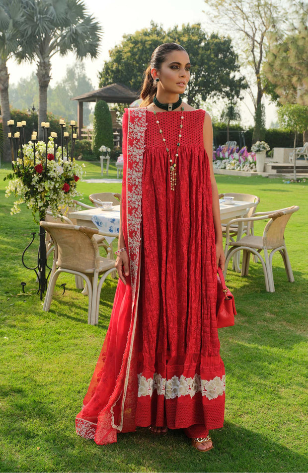 Traditional Frock Trouser Pakistani Eid Dress in Red
