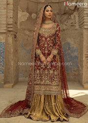 Traditional Gold and Red Bridal Dress Pakistani