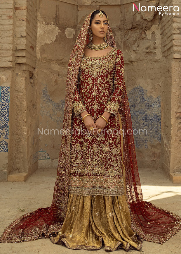 Traditional Gold and Red Bridal Dress Pakistani