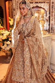 Traditional Golden Bridal Dress Pakistani in Lehenga Kameez Style