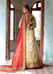Traditional Golden Pakistani Bridal Dress in Lehenga Gown Style