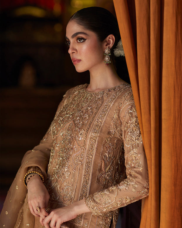 Traditional Golden Pakistani Dress in Kameez Trouser Dupatta Style