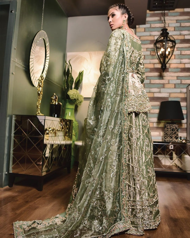 Traditional Green Peplum Lehenga Pakistani Bridal Dress Online