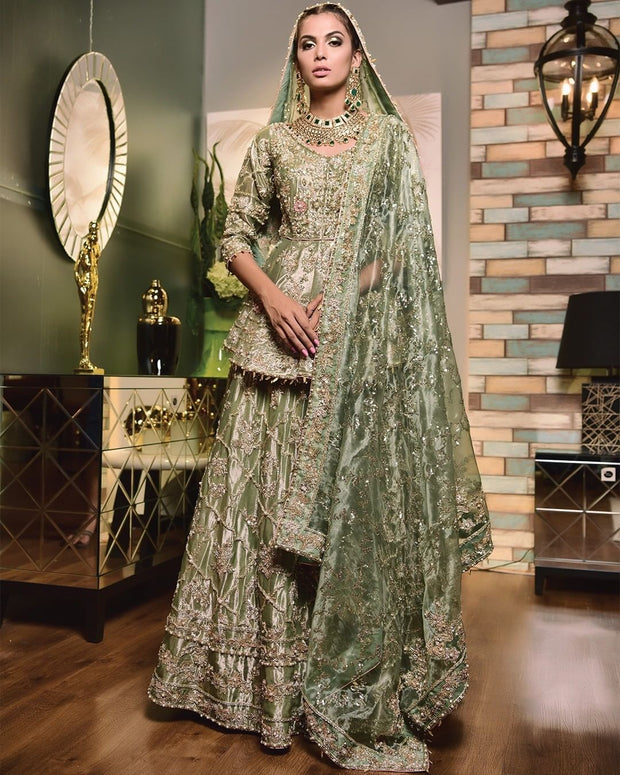 Traditional Green Peplum Lehenga Pakistani Bridal Dress