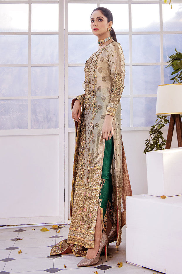 Traditional Hand Embellished Golden Bronze Shirt Pakistani Wedding Dress 2023