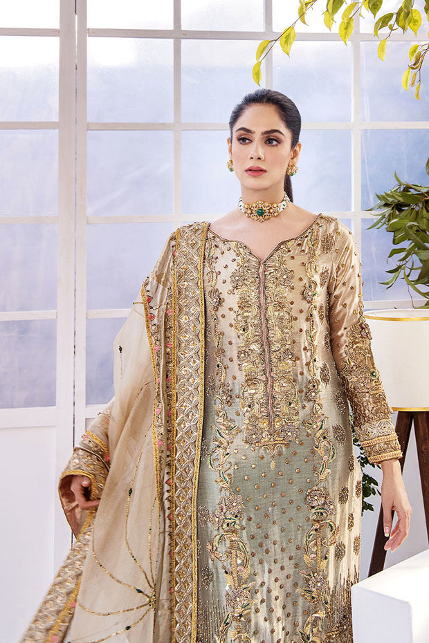 Traditional Hand Embellished Golden Bronze Shirt Pakistani Wedding Dress