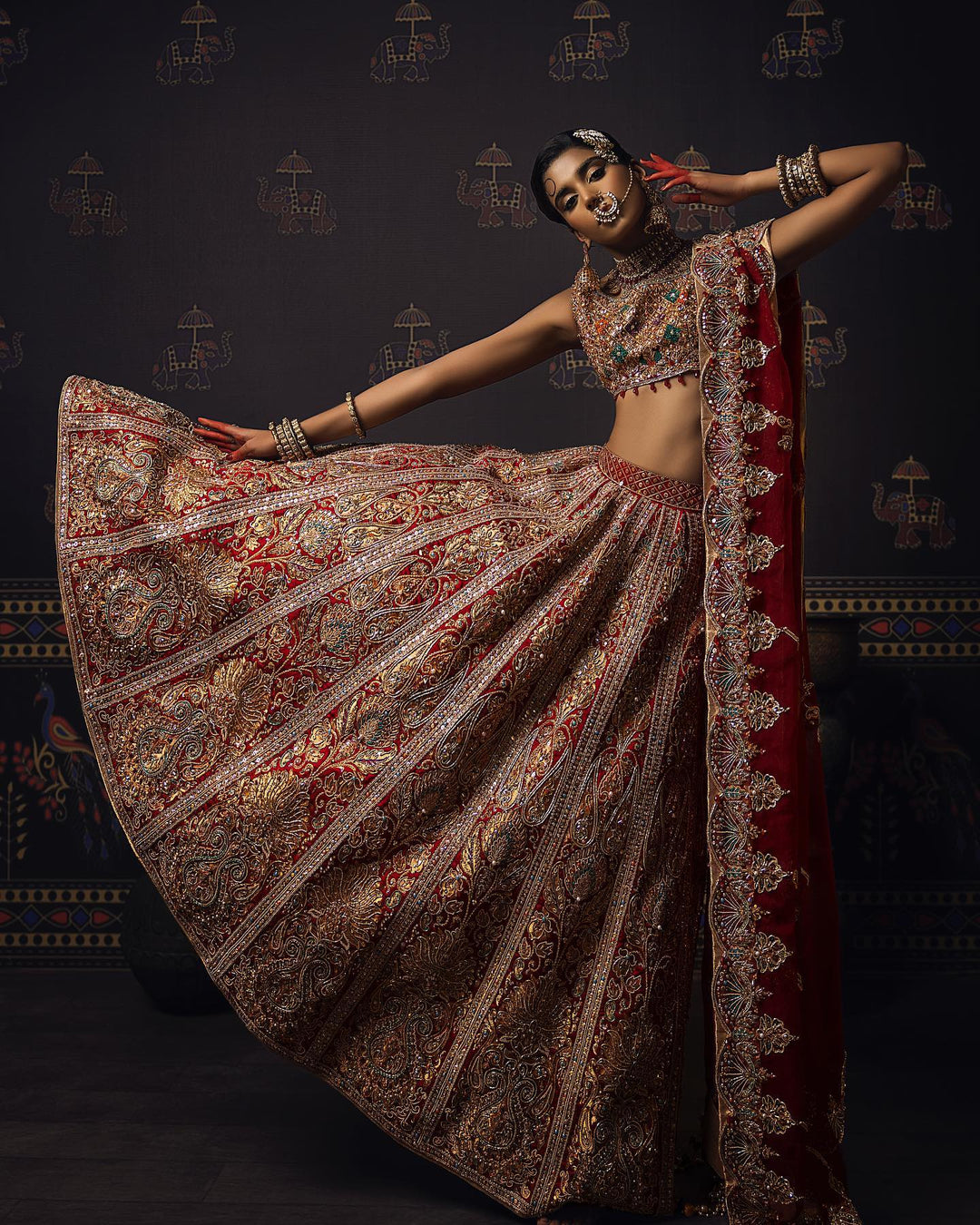 Elegant Indian Red Bridal Lehenga with Choli & Dupatta