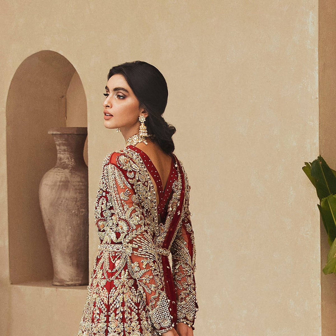 Elegant Red Pakistani Bridal Lehenga Gown Dress