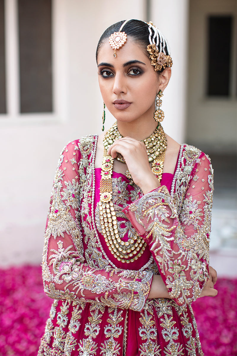 Magenta Front Open Gown with Pakistani Bridal Lehenga