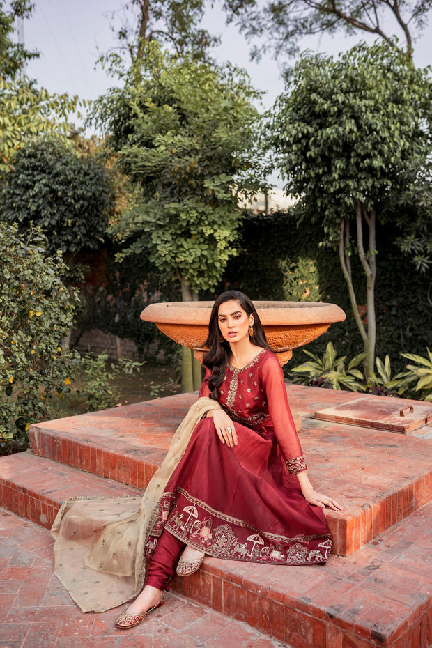 Traditional Maroon Embroidered Frock Churidar Pakistani Eid Dress