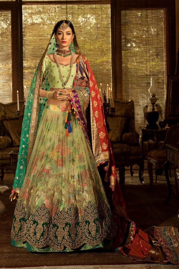 Traditional Mehndi Lehnga Choli in Pista Green Color