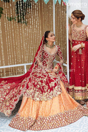 Traditional Net Red Kameez Lehenga Dress in Brocade Fabric