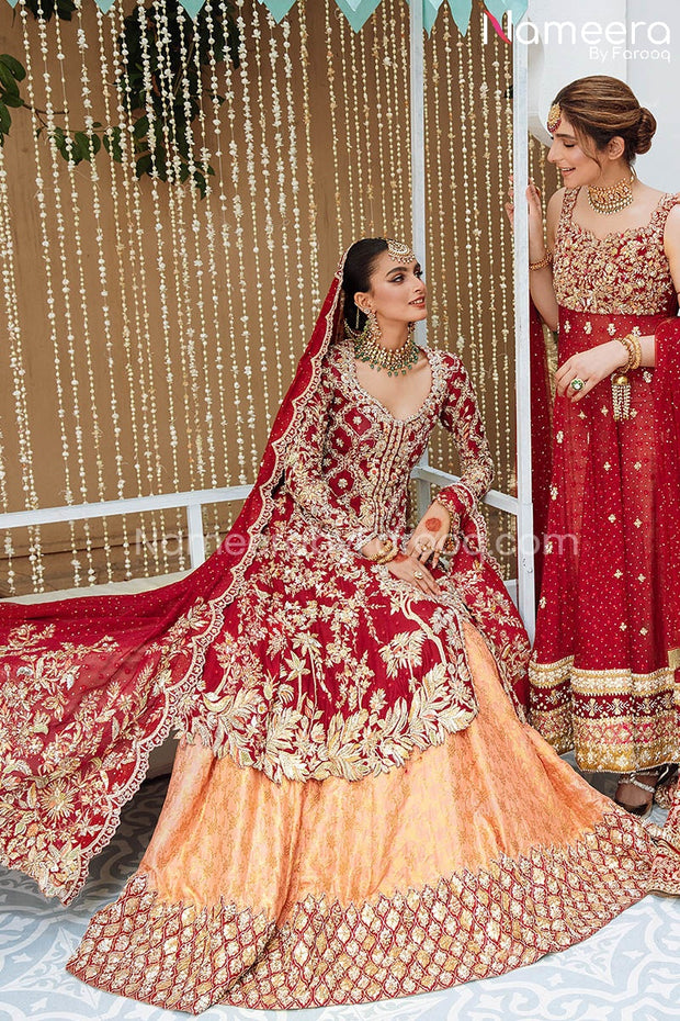 Traditional Net Red Kameez Lehenga Dress in Brocade Fabric