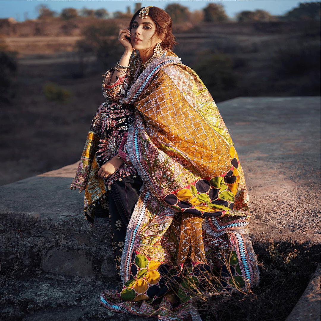 Traditional Pakistani Black Dress in Kameez Trouser Style