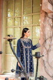 Traditional Pakistani Blue Dress in Frock Trouser Style for Eid