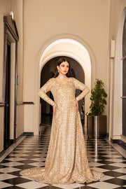 Traditional Pakistani Bridal Dress in Golden Maxi Style Online
