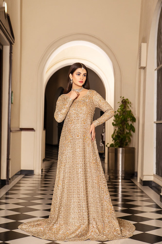 Traditional Pakistani Bridal Dress in Golden Maxi Style Online Nameera by Farooq