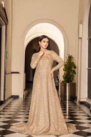 Traditional Pakistani Bridal Dress in Golden Maxi Style