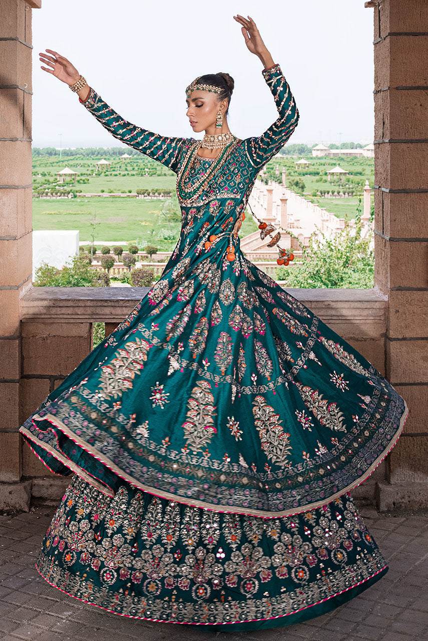 Elegant Green Pakistani Bridal Dress & Lehenga Frock Style