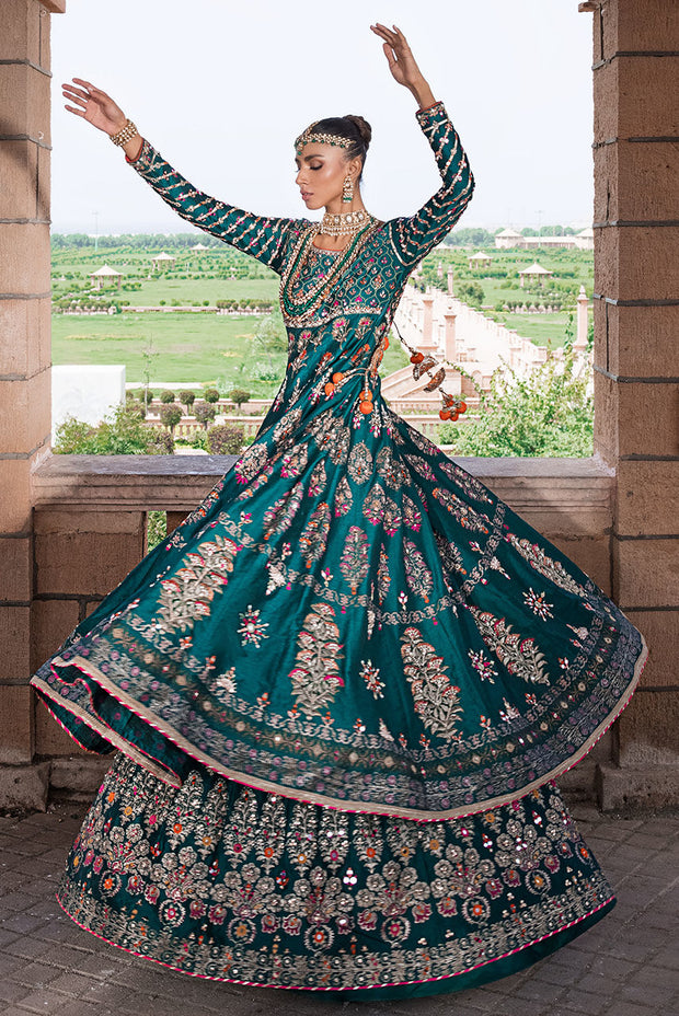Traditional Pakistani Bridal Dress in Green Lehenga Frock Style