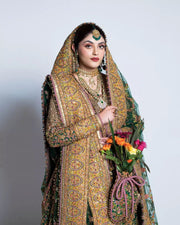Traditional Pakistani Bridal Dress in Green Lehenga and Shirt Style